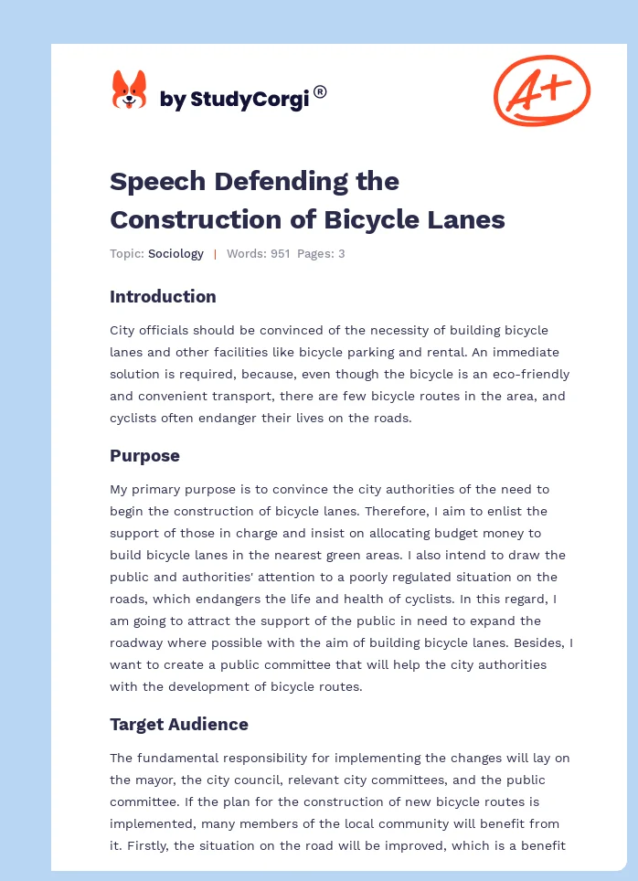 Speech Defending the Construction of Bicycle Lanes. Page 1