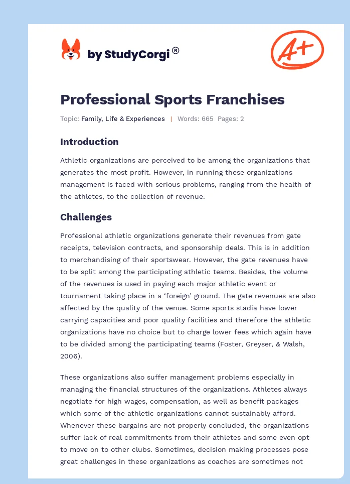 Professional Sports Franchises. Page 1