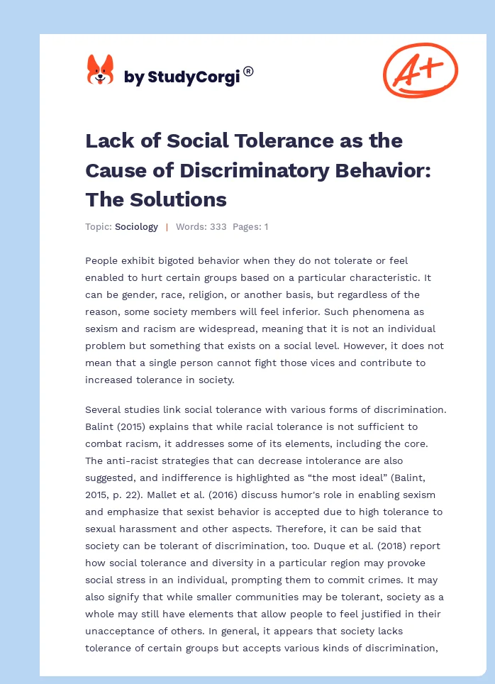 Lack of Social Tolerance as the Cause of Discriminatory Behavior: The Solutions. Page 1