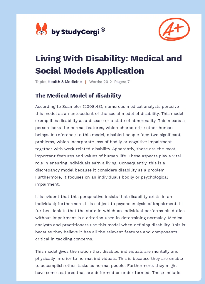 Living With Disability: Medical and Social Models Application. Page 1