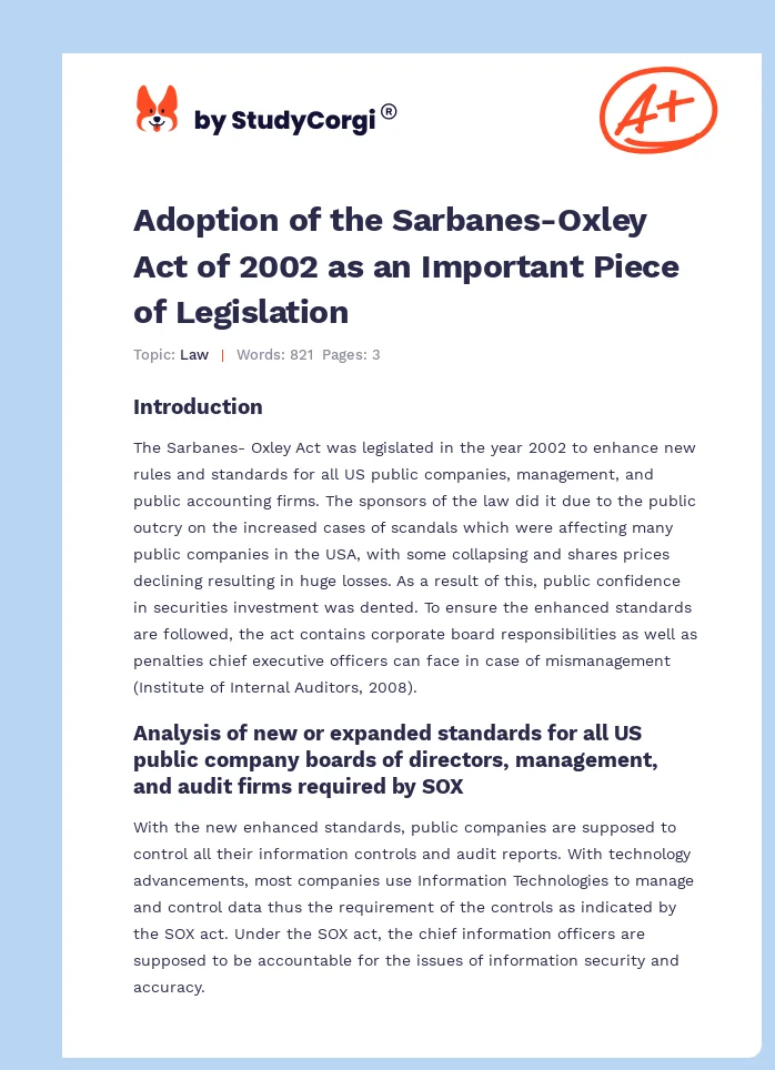 Adoption of the Sarbanes-Oxley Act of 2002 as an Important Piece of Legislation. Page 1