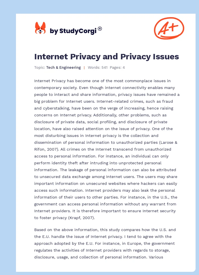 Internet Privacy and Privacy Issues. Page 1