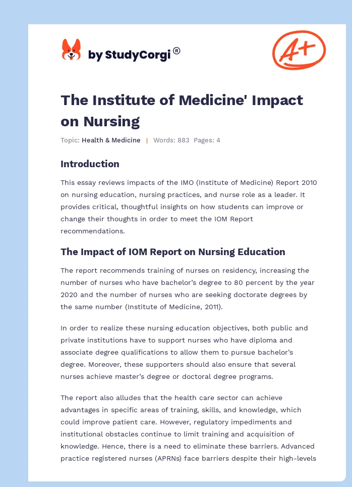 The Institute of Medicine' Impact on Nursing. Page 1