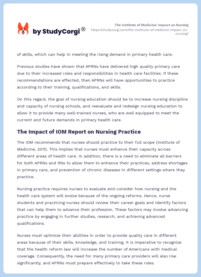 The Institute of Medicine' Impact on Nursing. Page 2