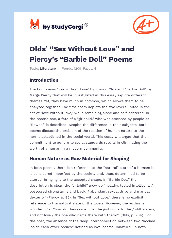 Olds’ “Sex Without Love” and Piercy’s “Barbie Doll” Poems. Page 1