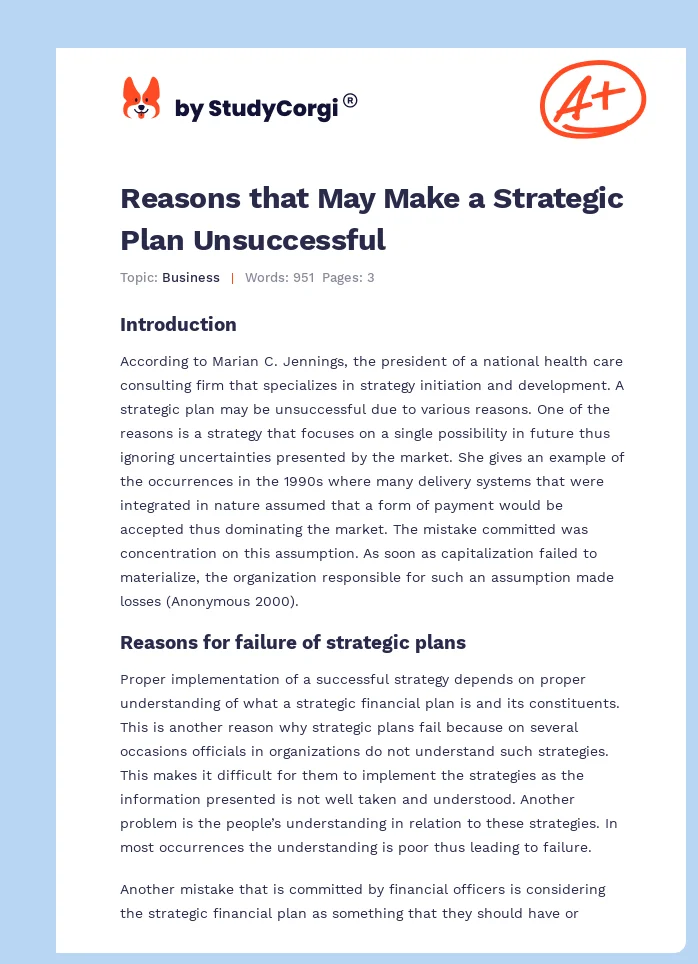 Reasons that May Make a Strategic Plan Unsuccessful. Page 1