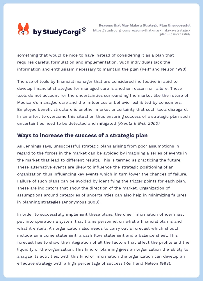 Reasons that May Make a Strategic Plan Unsuccessful. Page 2