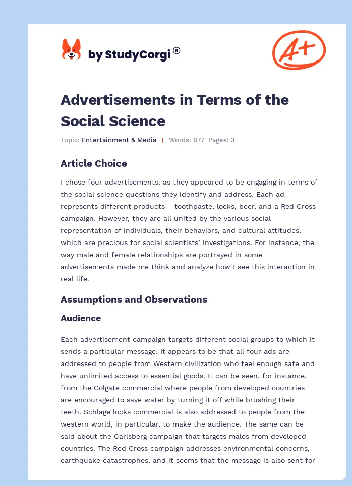 Advertisements in Terms of the Social Science. Page 1