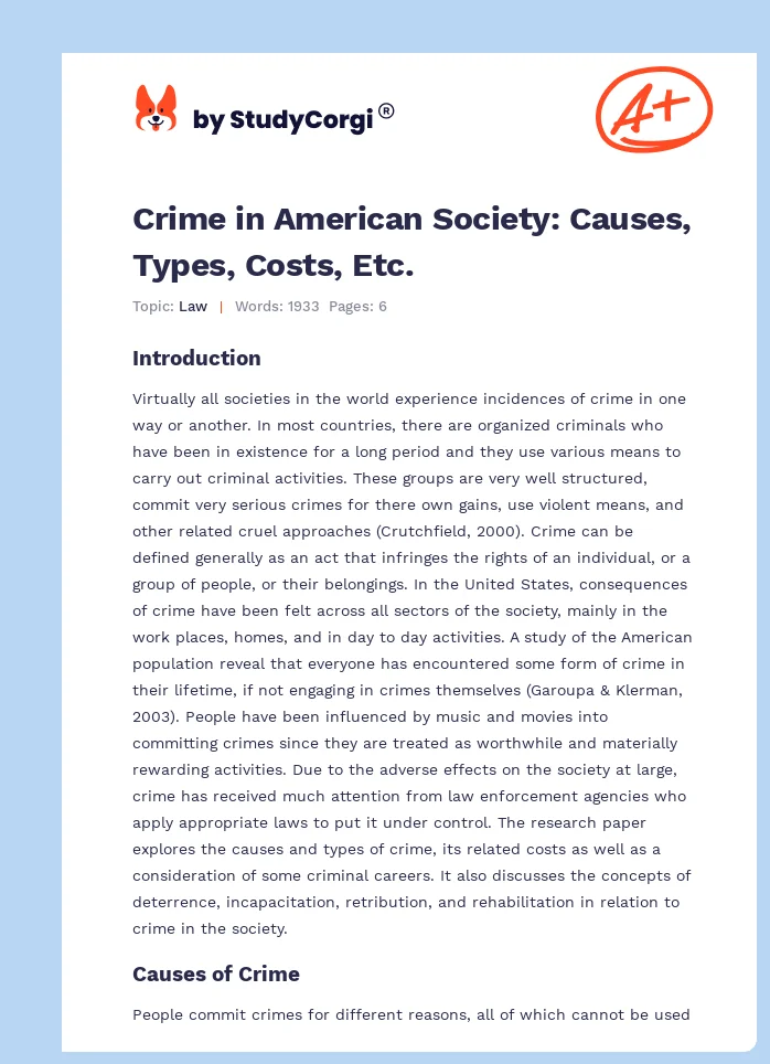 Crime in American Society: Causes, Types, Costs, Etc.. Page 1