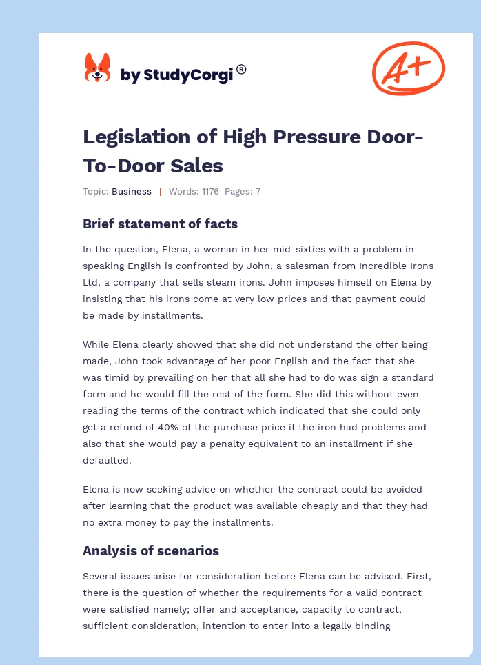 Legislation of High Pressure Door-To-Door Sales. Page 1