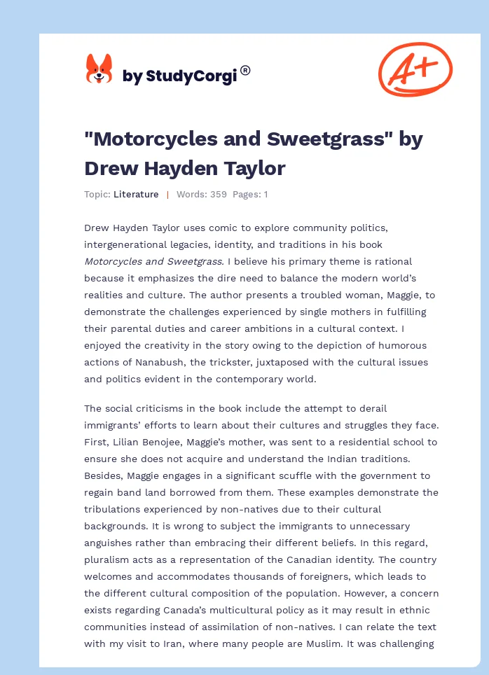 "Motorcycles and Sweetgrass" by Drew Hayden Taylor. Page 1