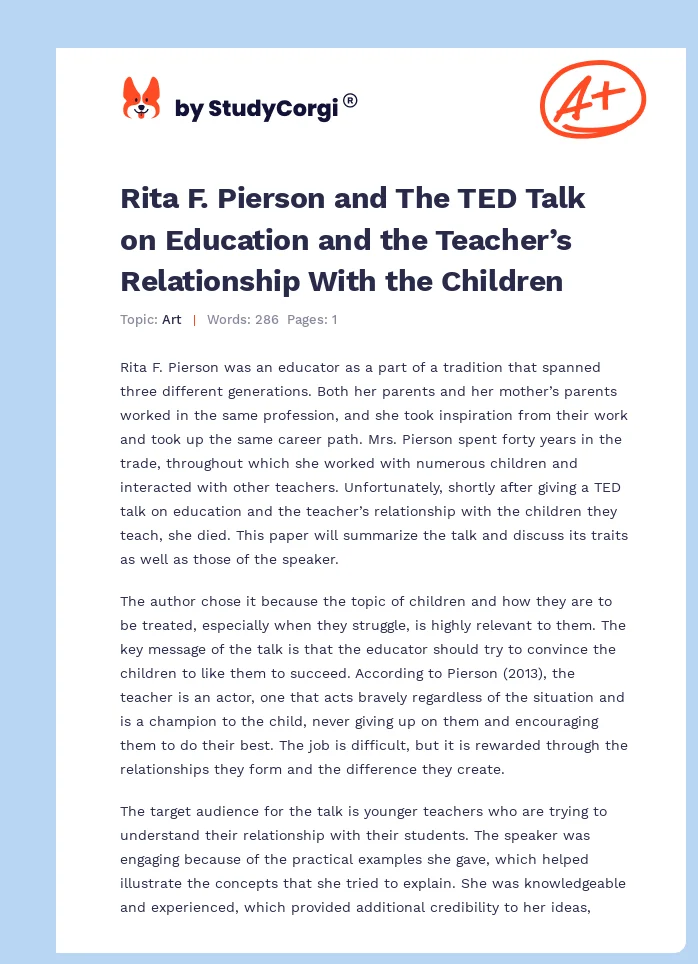 Rita F. Pierson and The TED Talk on Education and the Teacher’s Relationship With the Children. Page 1