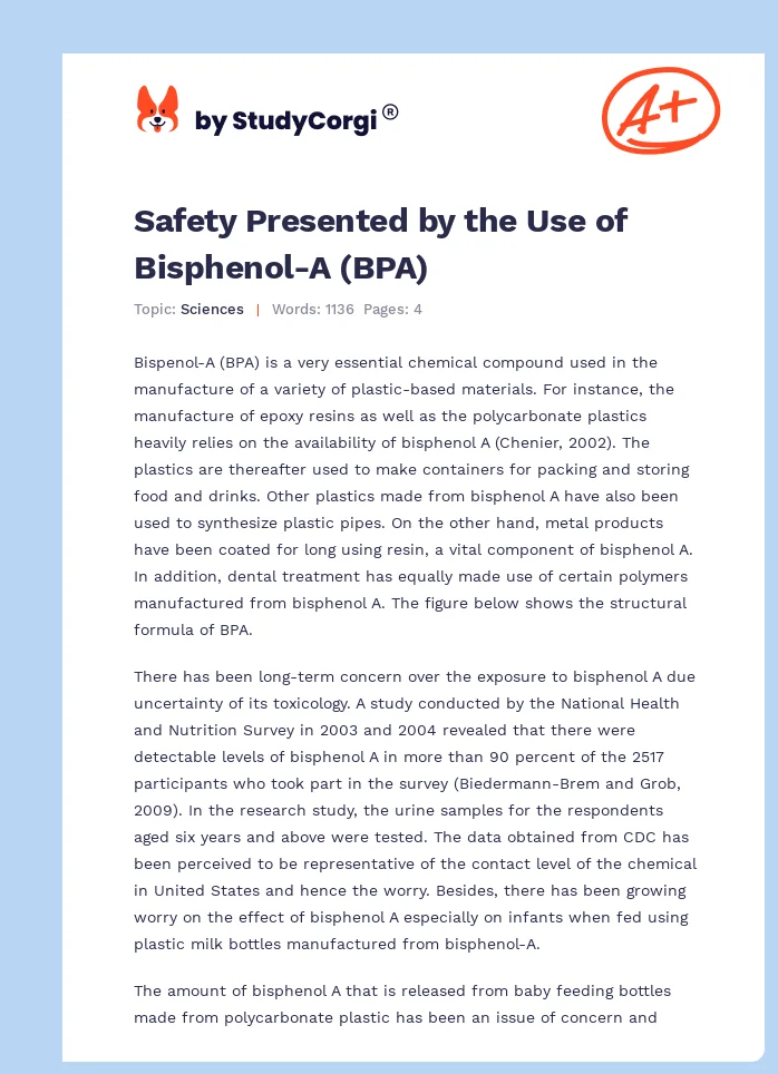 Safety Presented by the Use of Bisphenol-A (BPA). Page 1