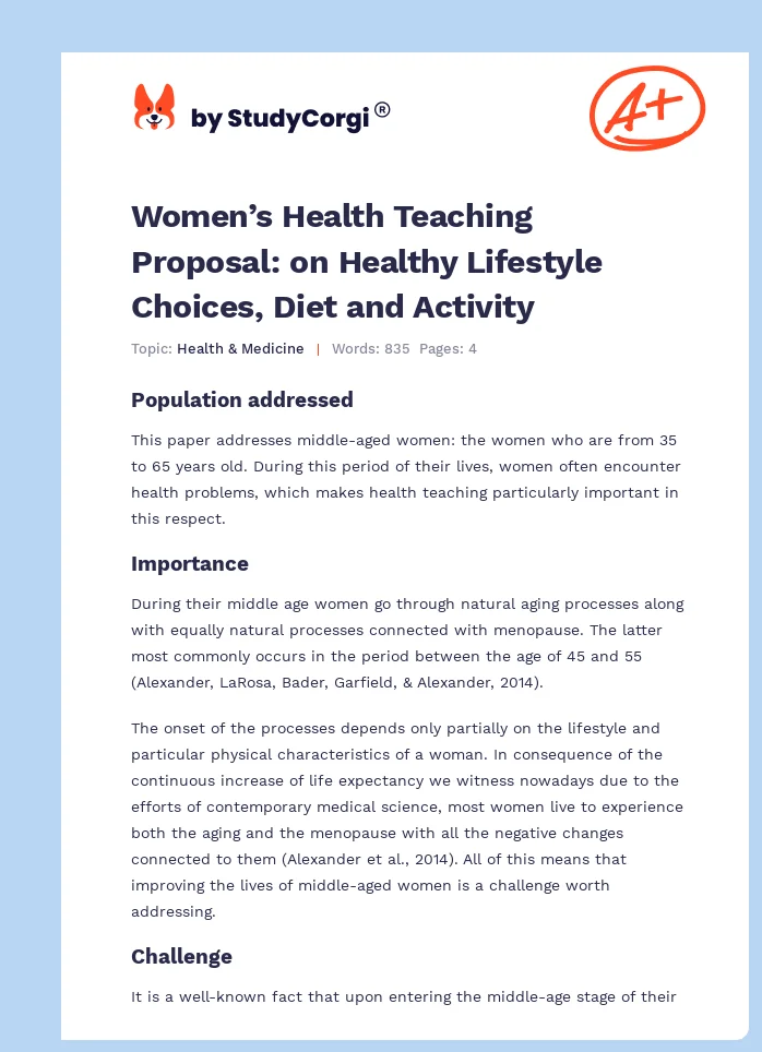 Women’s Health Teaching Proposal: on Healthy Lifestyle Choices, Diet and Activity. Page 1