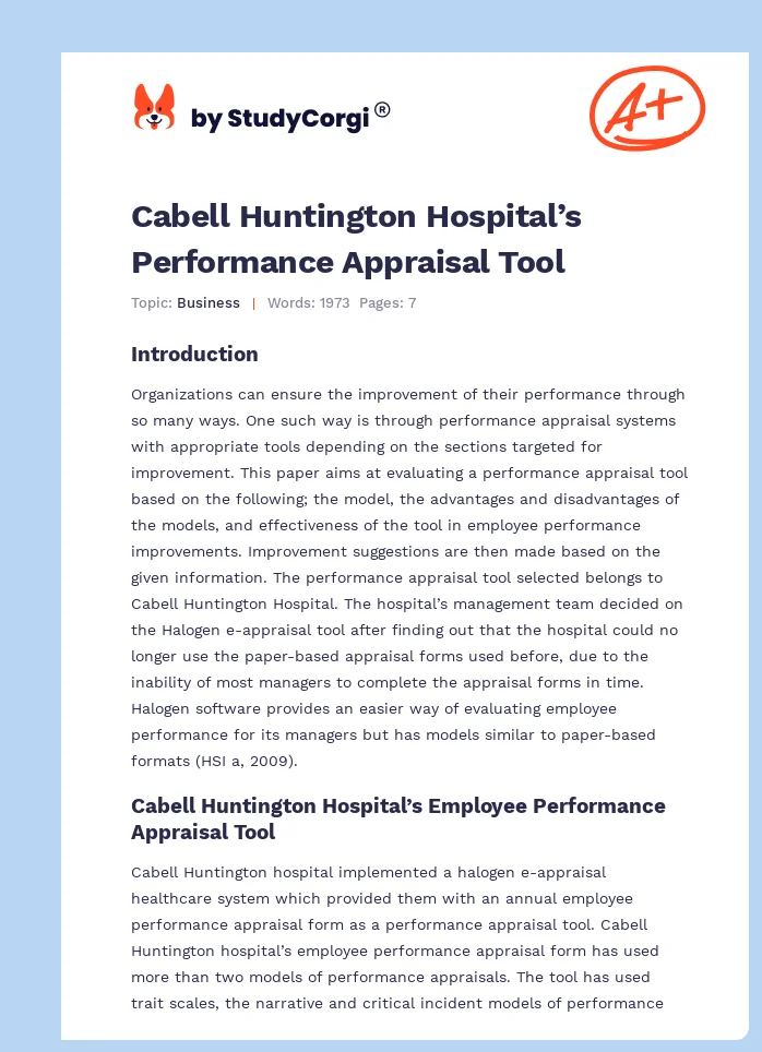 Cabell Huntington Hospital’s Performance Appraisal Tool. Page 1