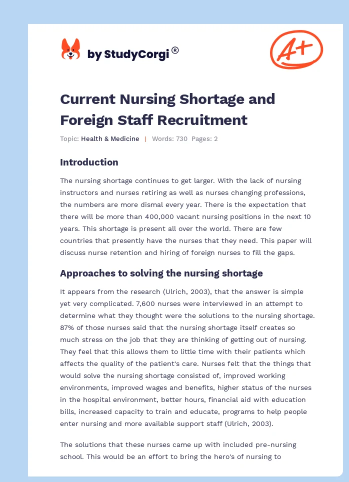 Current Nursing Shortage and Foreign Staff Recruitment. Page 1