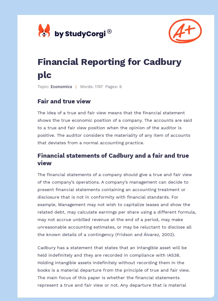 Financial Reporting for Cadbury plc. Page 1