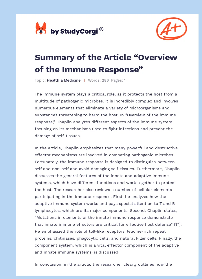 Summary of the Article “Overview of the Immune Response”. Page 1
