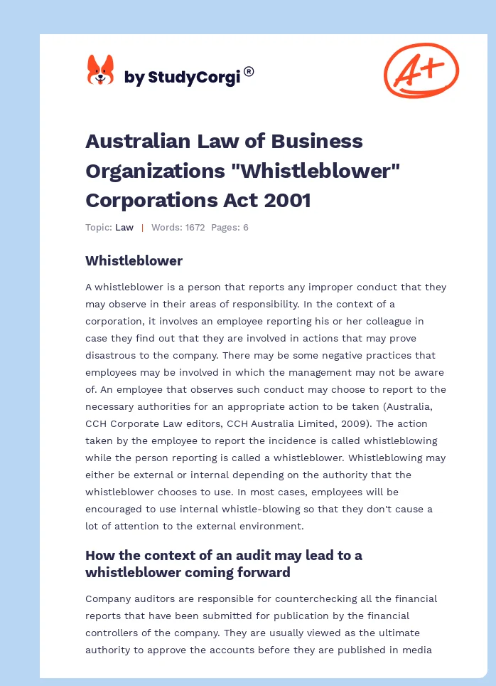 Australian Law of Business Organizations "Whistleblower" Corporations Act 2001. Page 1
