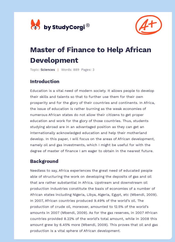 Master of Finance to Help African Development. Page 1