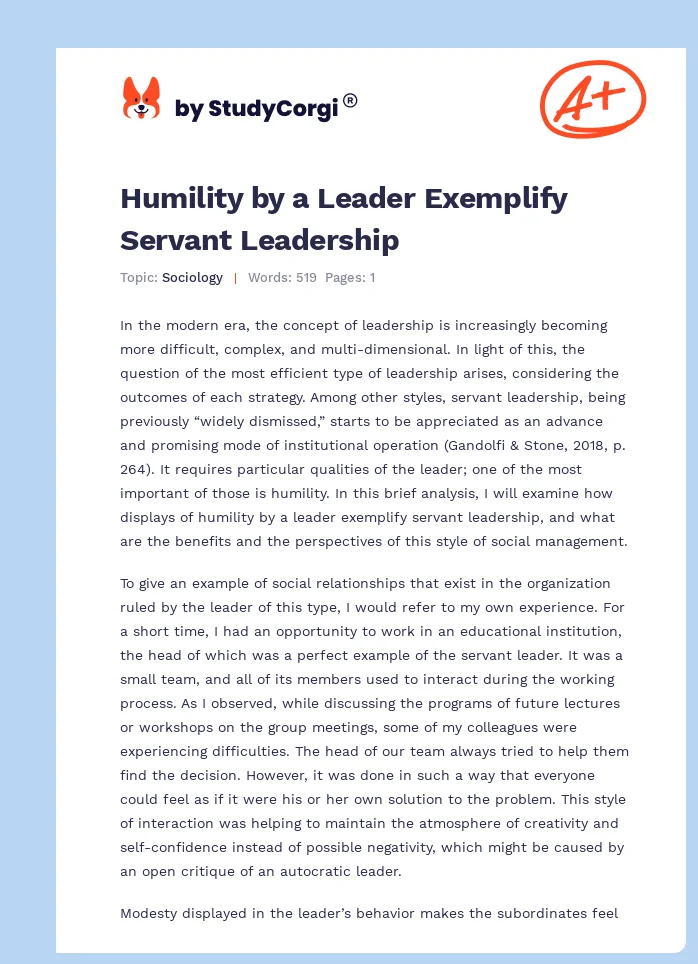 Humility by a Leader Exemplify Servant Leadership. Page 1