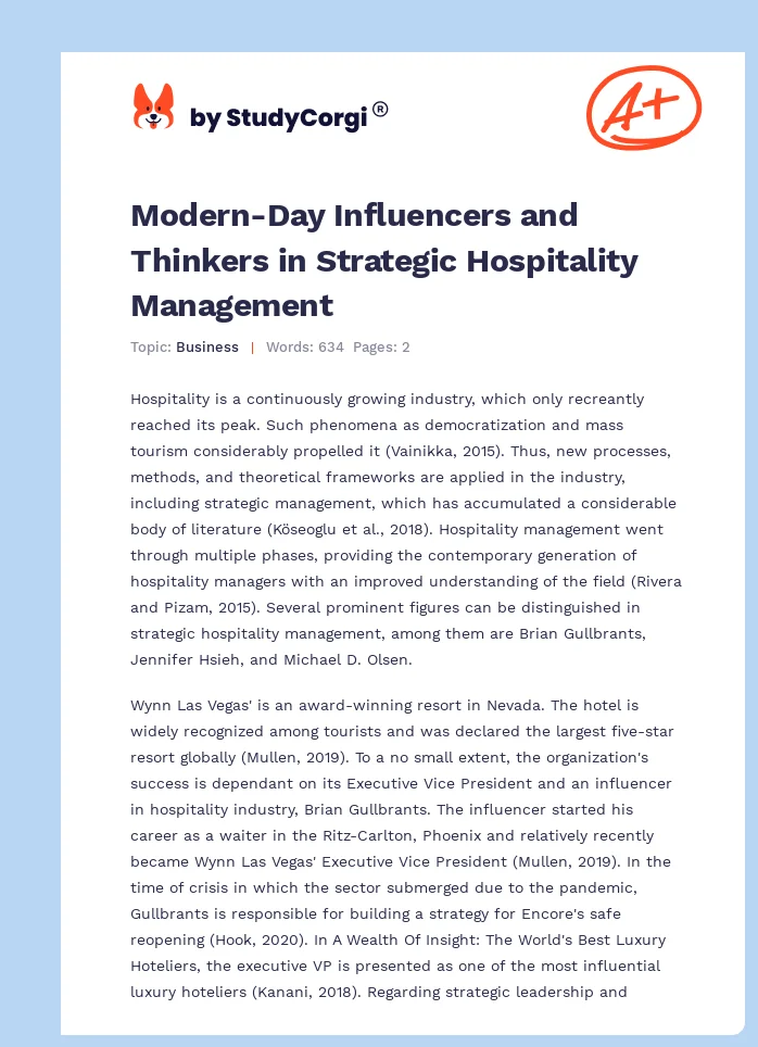 Modern-Day Influencers and Thinkers in Strategic Hospitality Management. Page 1