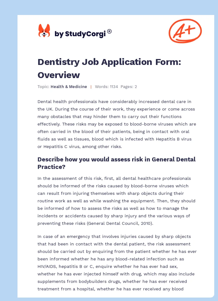 Dentistry Job Application Form: Overview. Page 1
