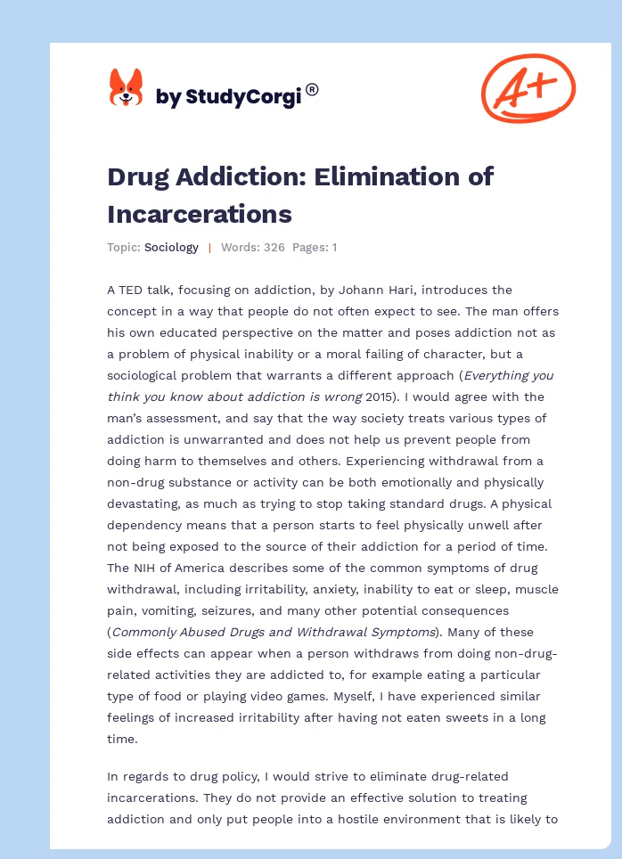 Drug Addiction: Elimination of Incarcerations. Page 1