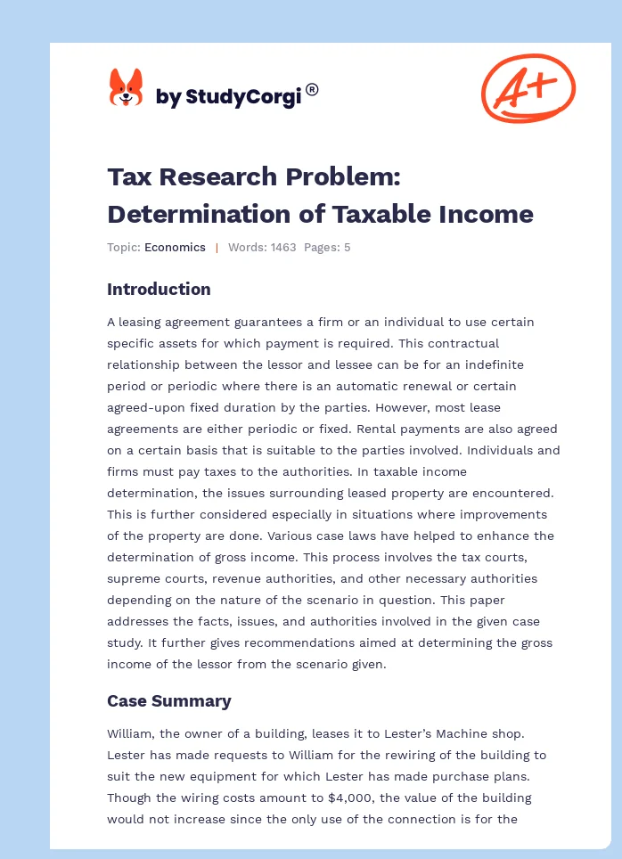 Tax Research Problem: Determination of Taxable Income. Page 1