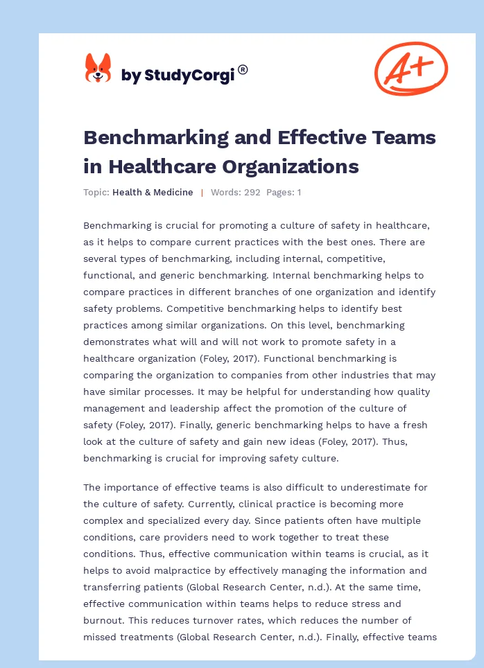 Benchmarking and Effective Teams in Healthcare Organizations. Page 1