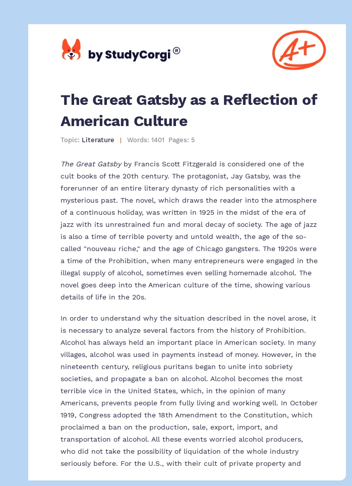 The Great Gatsby as a Reflection of American Culture. Page 1