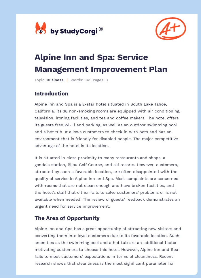 Alpine Inn and Spa: Service Management Improvement Plan. Page 1