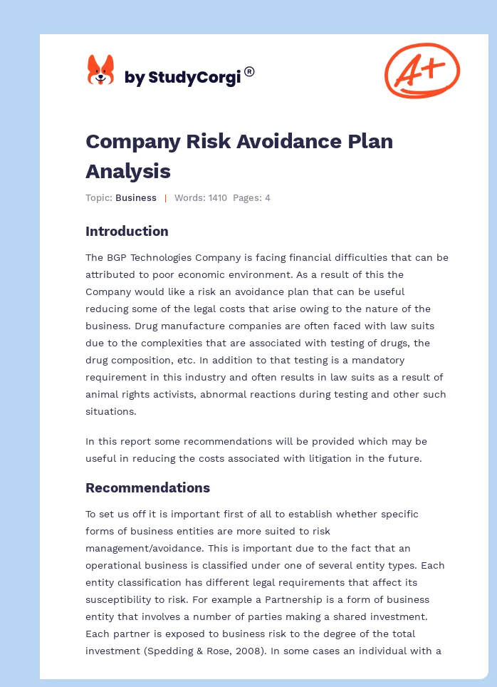 Company Risk Avoidance Plan Analysis. Page 1