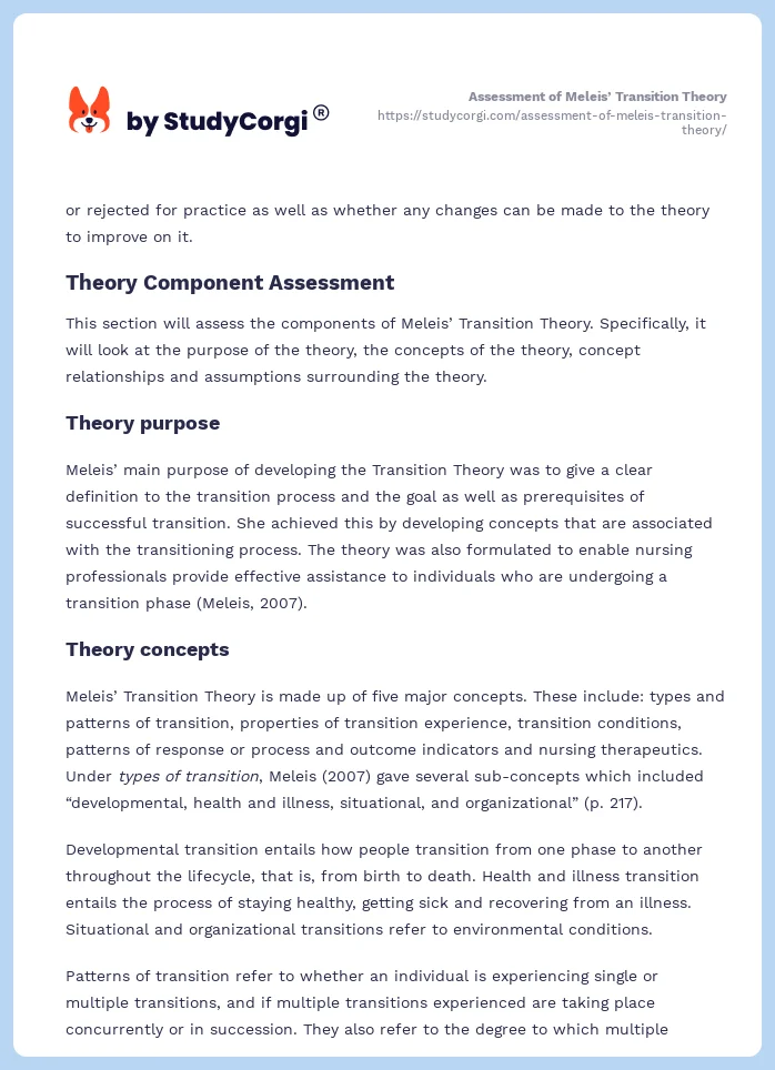 Assessment of Meleis’ Transition Theory. Page 2