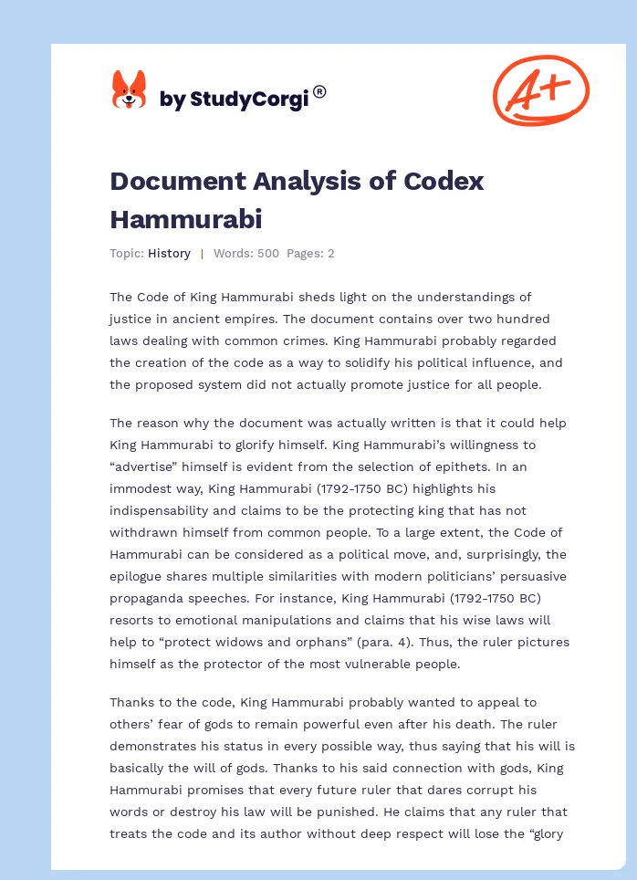Document Analysis of Codex Hammurabi. Page 1