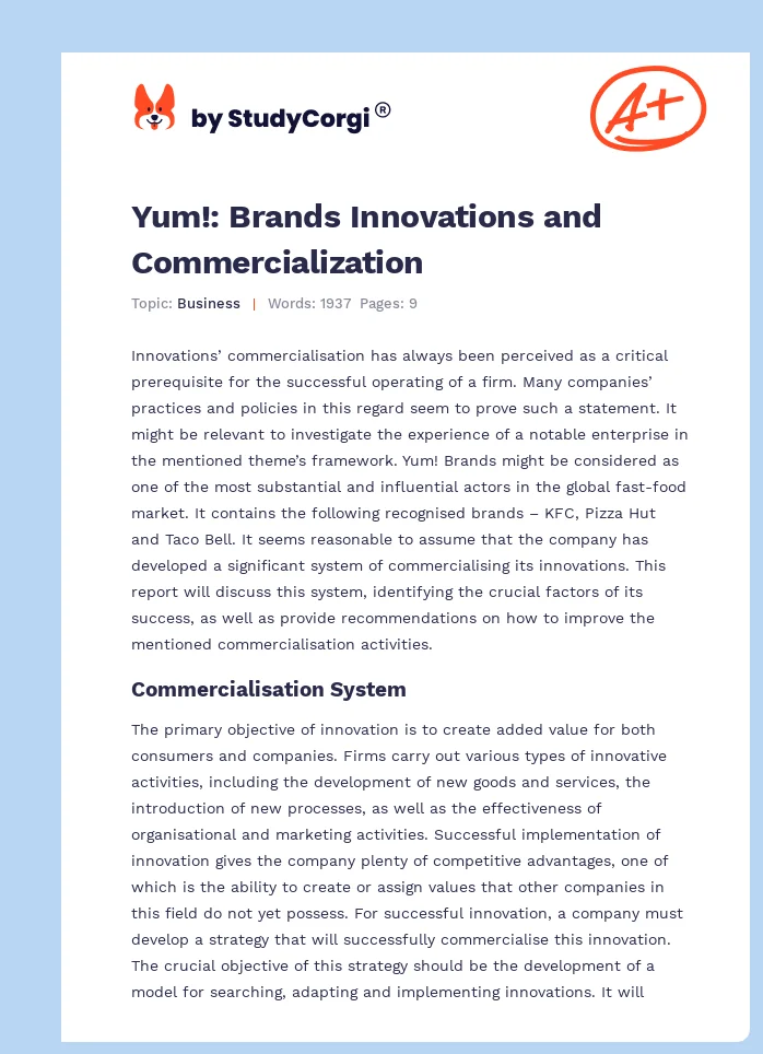 Yum!: Brands Innovations and Commercialization. Page 1