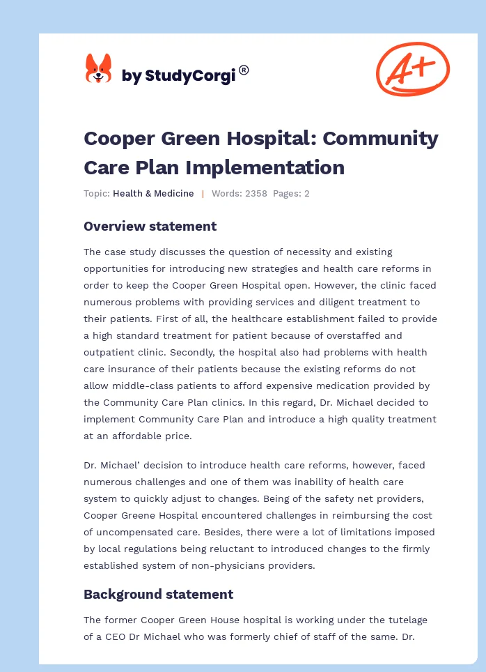 Cooper Green Hospital: Community Care Plan Implementation. Page 1