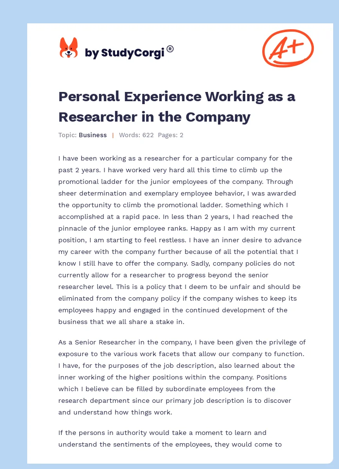 Personal Experience Working as a Researcher in the Company. Page 1