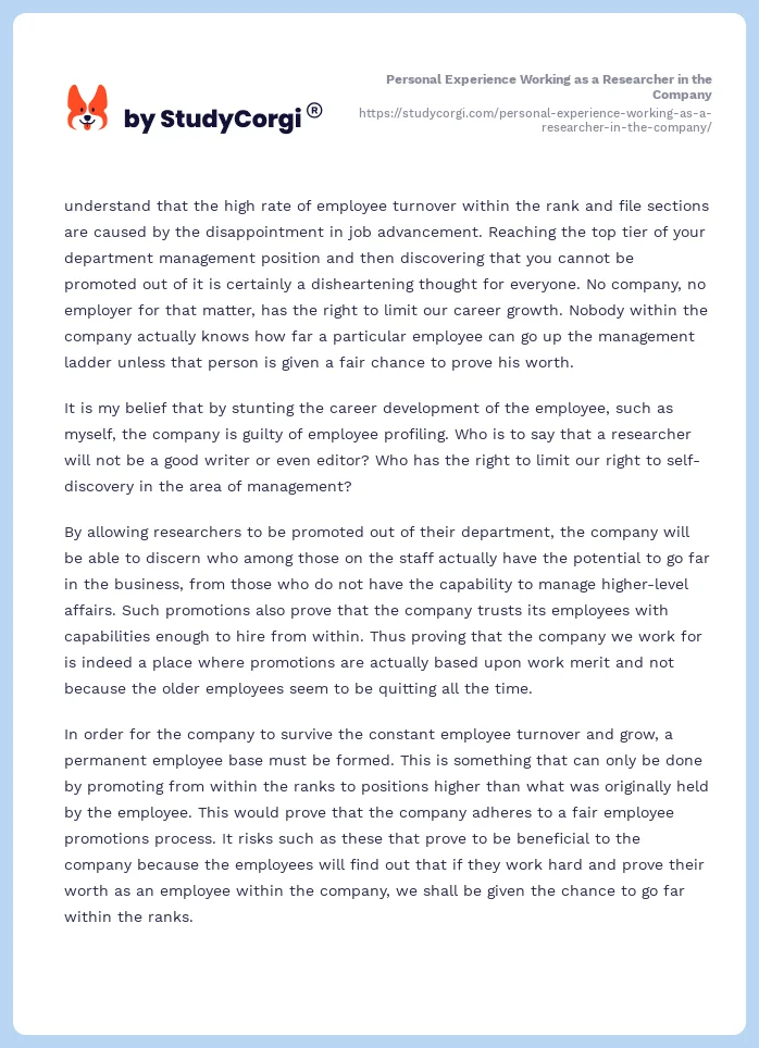 Personal Experience Working as a Researcher in the Company. Page 2