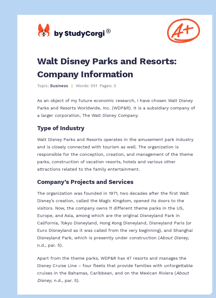 Walt Disney Parks and Resorts: Company Information. Page 1