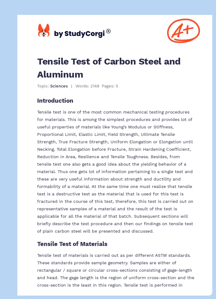 Tensile Test of Carbon Steel and Aluminum. Page 1