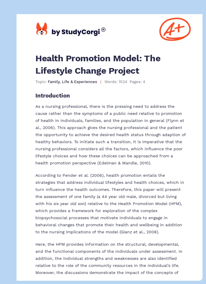 Health Promotion Model: The Lifestyle Change Project. Page 1
