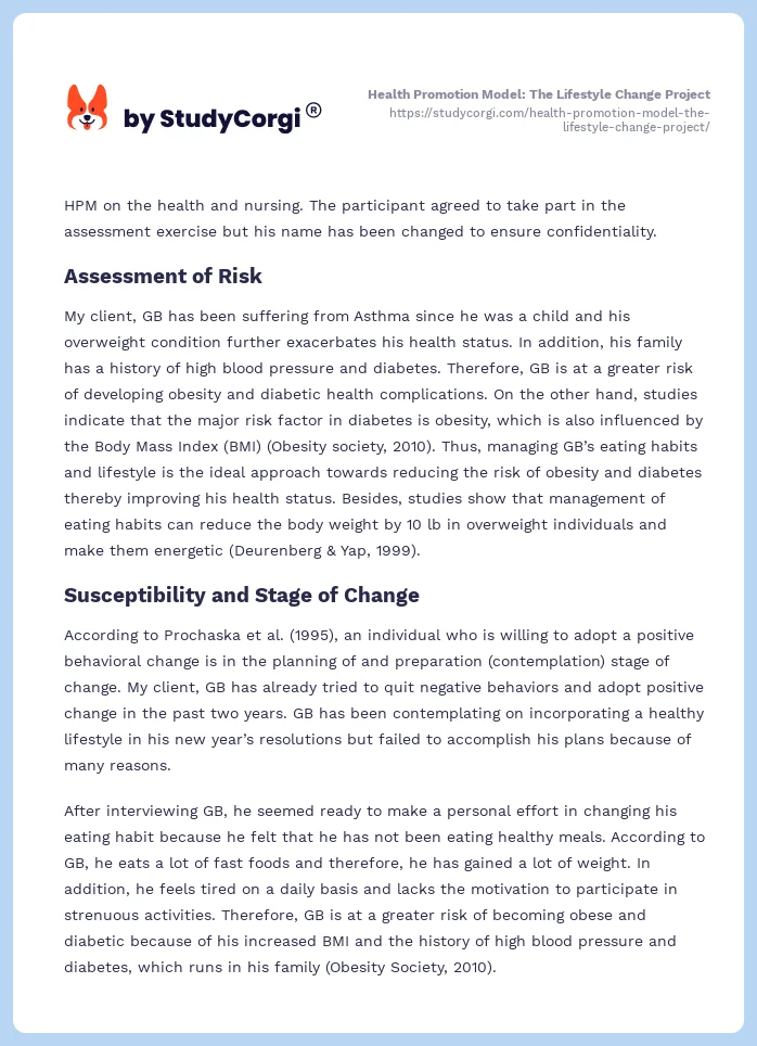 Health Promotion Model: The Lifestyle Change Project. Page 2