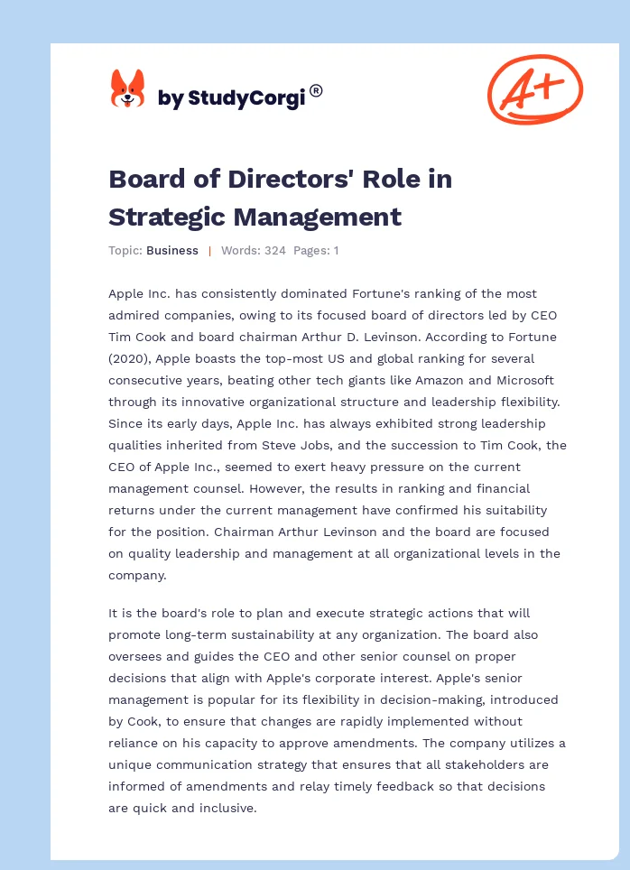 Board of Directors' Role in Strategic Management. Page 1