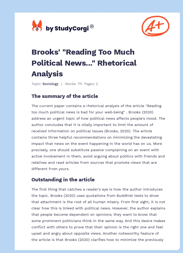 Brooks' "Reading Too Much Political News..." Rhetorical Analysis. Page 1