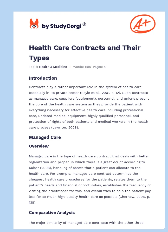 Health Care Contracts and Their Types. Page 1
