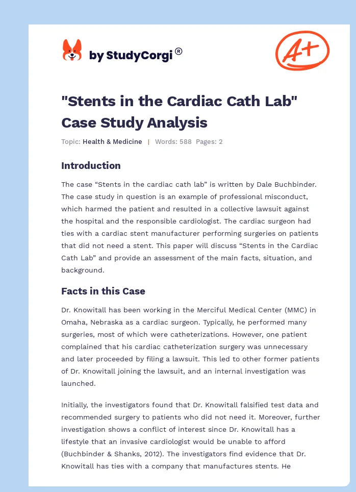 "Stents in the Cardiac Cath Lab" Case Study Analysis. Page 1