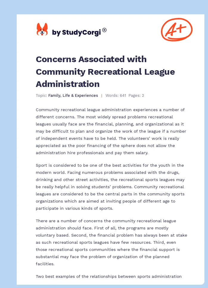 Concerns Associated with Community Recreational League Administration. Page 1
