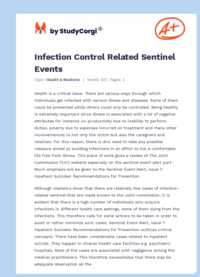 Infection Control Related Sentinel Events. Page 1
