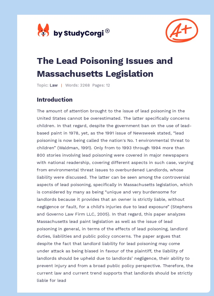 The Lead Poisoning Issues and Massachusetts Legislation. Page 1
